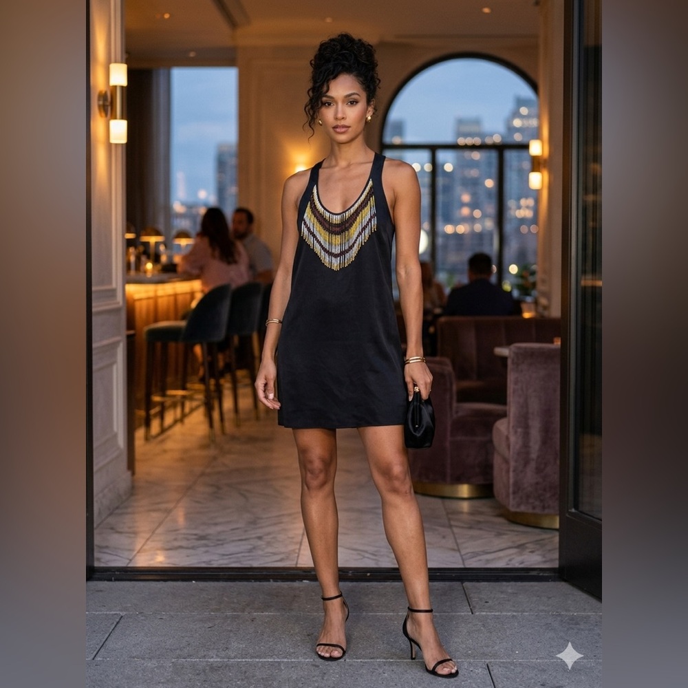 Elegant 100% Silk Black Shift Beaded Neckline Bohemian Indie Goth Mini Dress